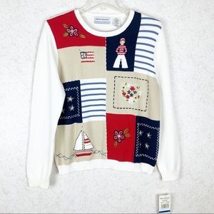 Alfred Dunner Americana Boat Flag Patchwork Sweater Preppy Coastal PXL Old Money